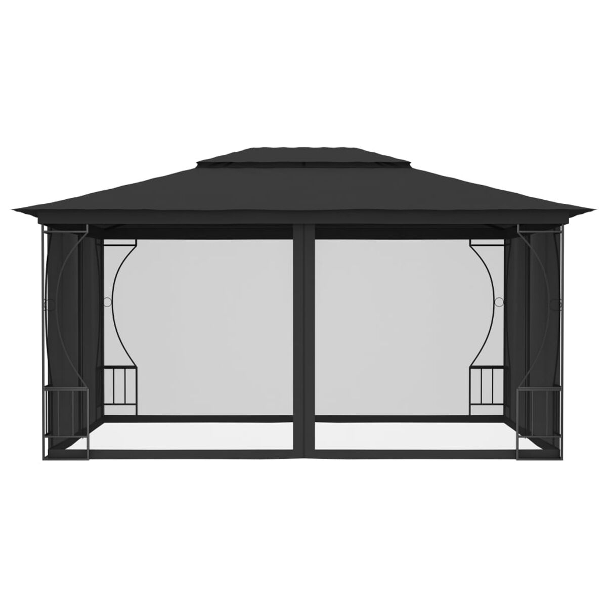 Ein schwarzer Pavillon mit weißem Netz und Vorhängen, vor weißem Hintergrund.