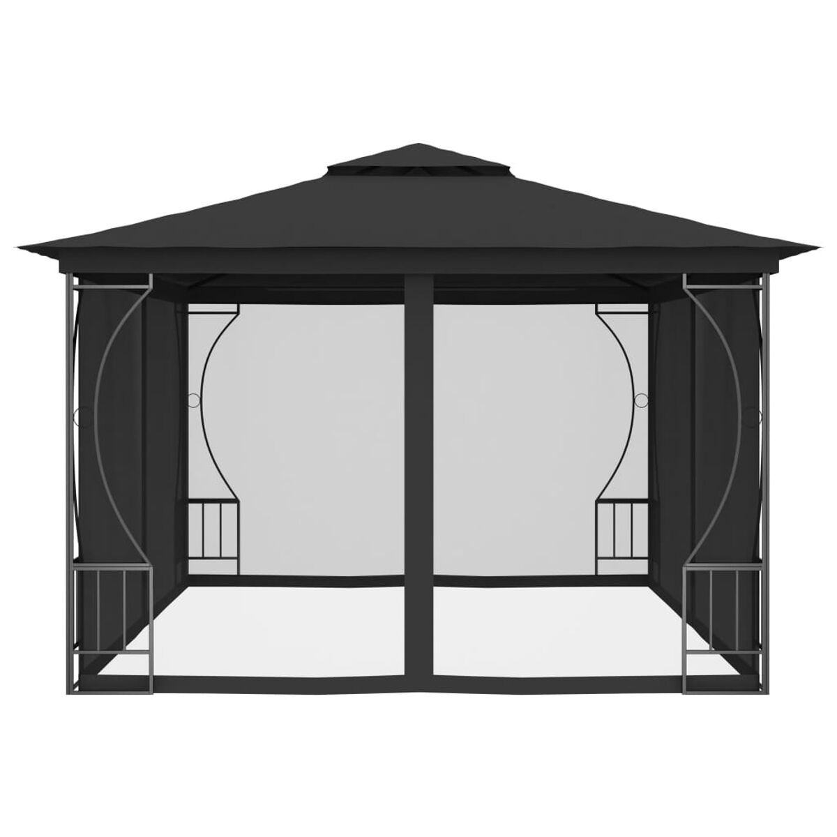 Ein schwarzer Pavillon mit weißen Netzseiten und schwarzem Dach, vor weißem Hintergrund.