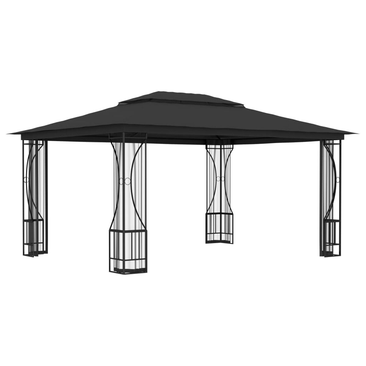 Ein schwarzes Gartenhaus mit schwarzem Dach und weißen, dekorativen, vertikalen Stützen.