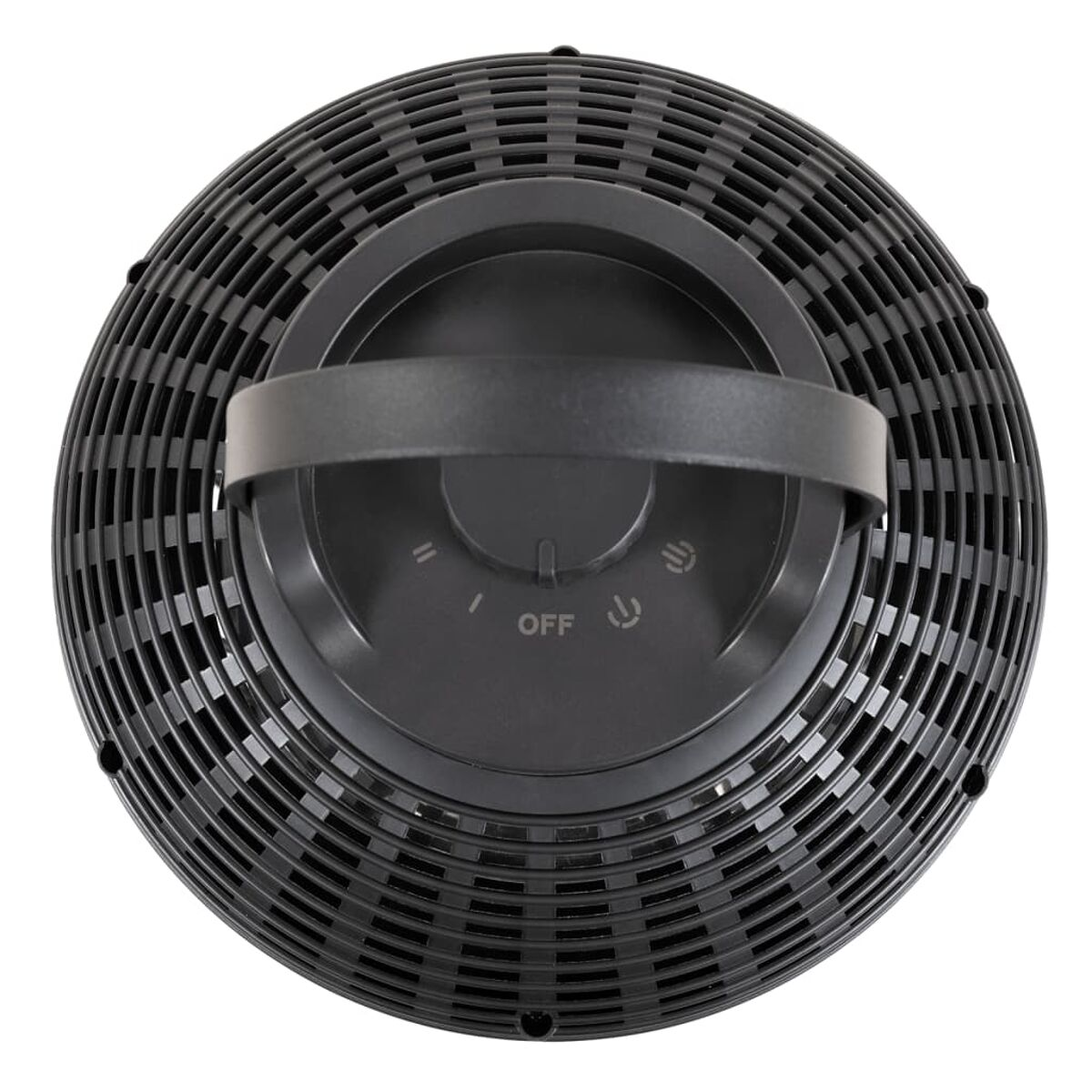 Vue de dessus d'un purificateur d'air noir avec une poignée et des grilles de ventilation. Commandes visibles. Blanc.