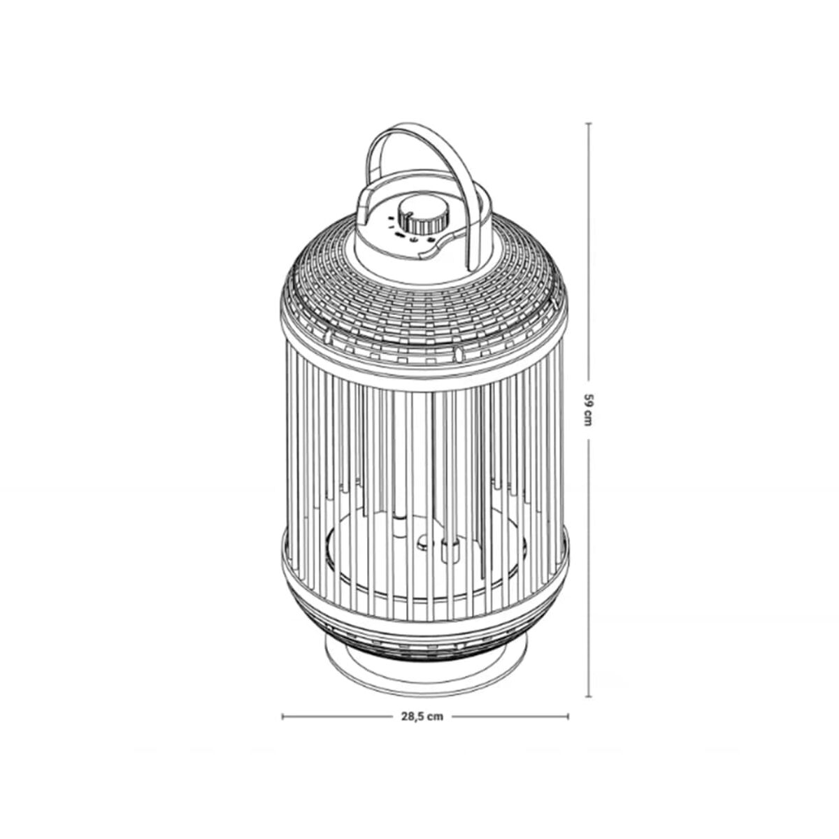 Dessin au trait d'une lanterne cylindrique avec une poignée et des dimensions.