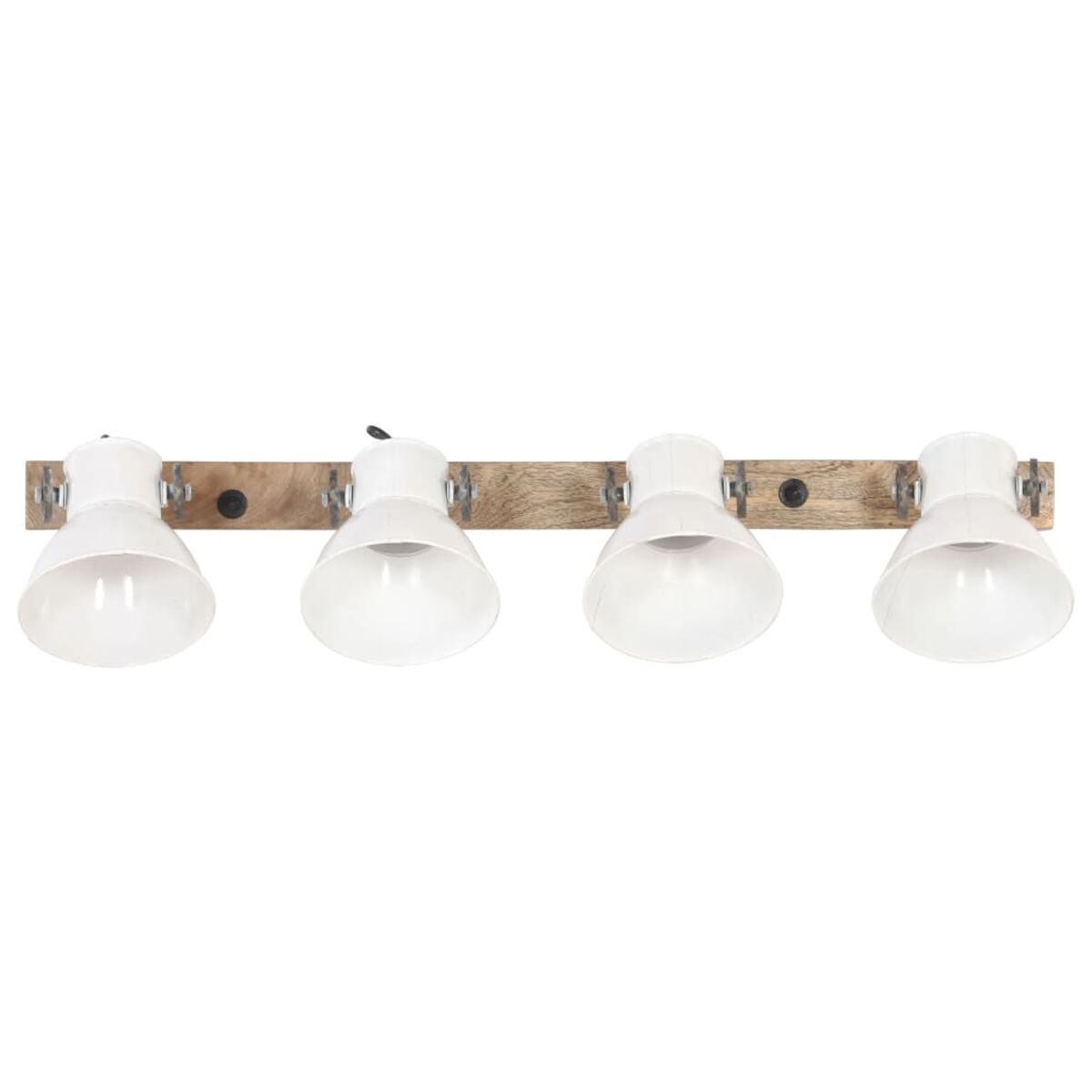 Vier weiße Lampen an einer Holzplatte befestigt.