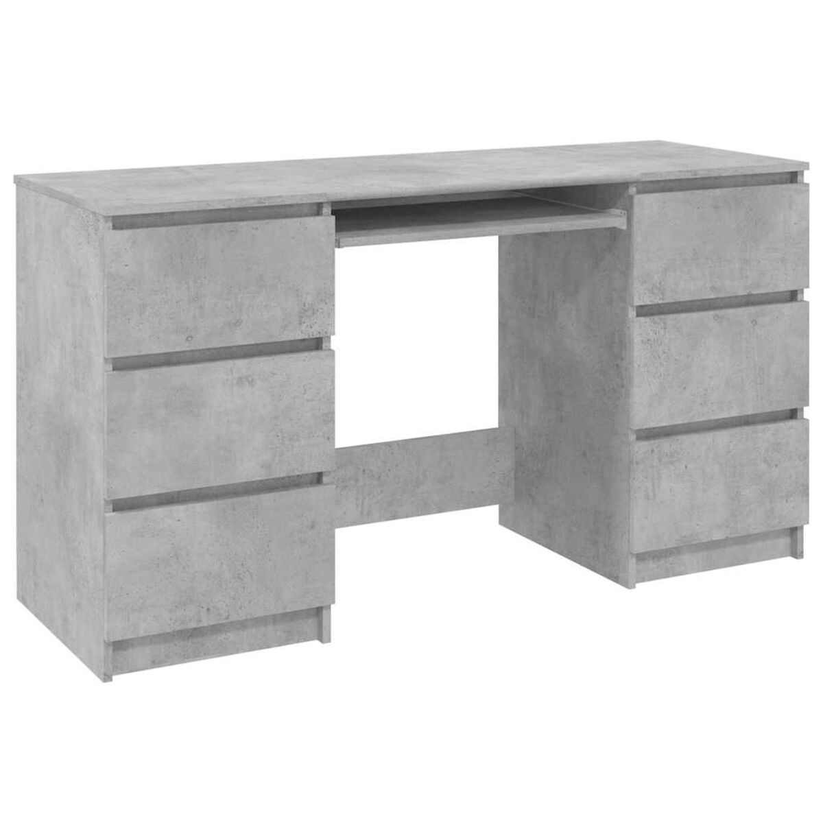 Grauer Betonschreibtisch mit 6 Schubladen und einem Tastaturfach.