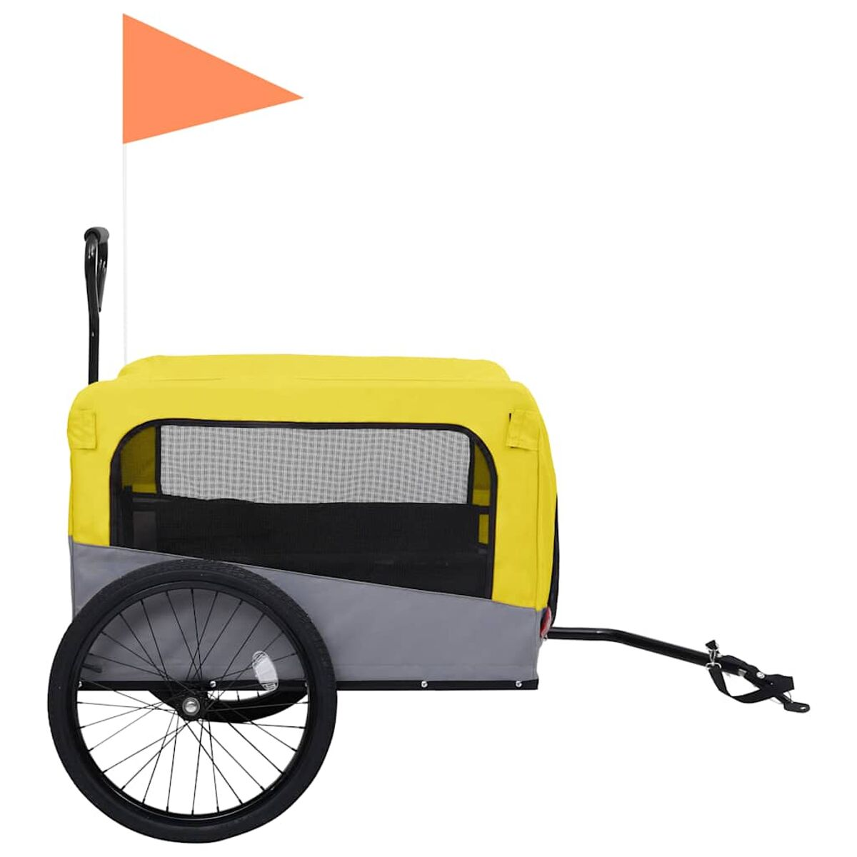 Gelb-grauer Fahrradanhänger mit schwarzem Rad, orangefarbener Fahne und Griff.