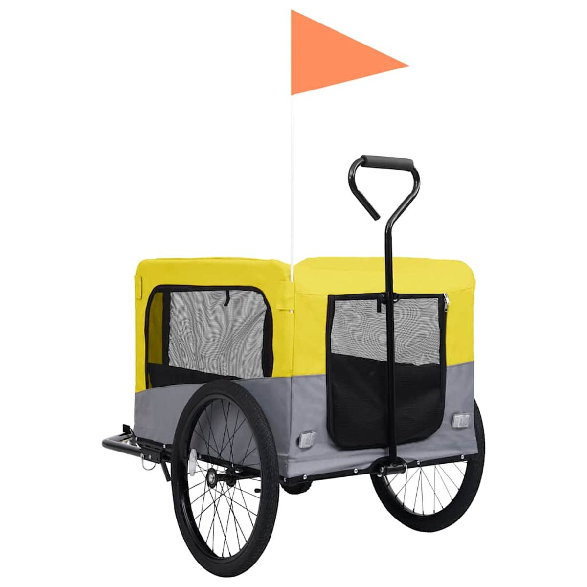 Ein gelber und grauer Fahrradanhänger mit einer orangefarbenen Fahne.