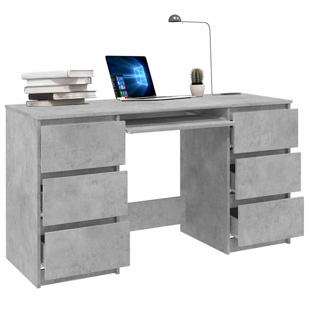 Ein grauer Schreibtisch mit Schubladen, Tastaturablage, Laptop, Lampe und Kaktus oben drauf.