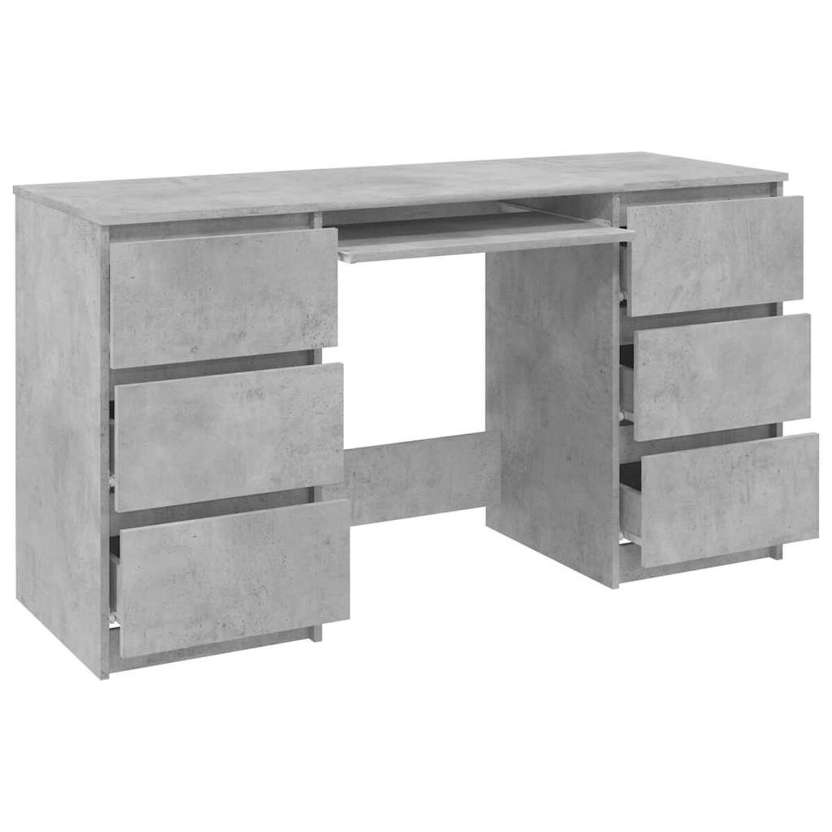 Grauer Betontisch mit Schubladen und einer Tastaturablage. Weißer Hintergrund.