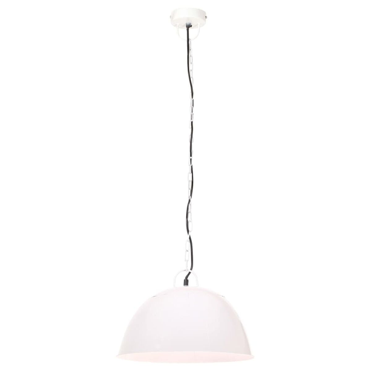 Weiße Pendelleuchte mit Halbkugel-Schirm, von weißer Decke hängend, isoliert.