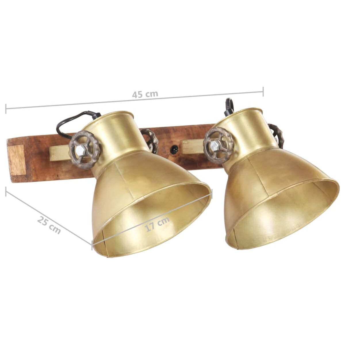 Zwei goldene Lampen auf einem Holzbrett, mit Maßen, vor weißem Hintergrund.
