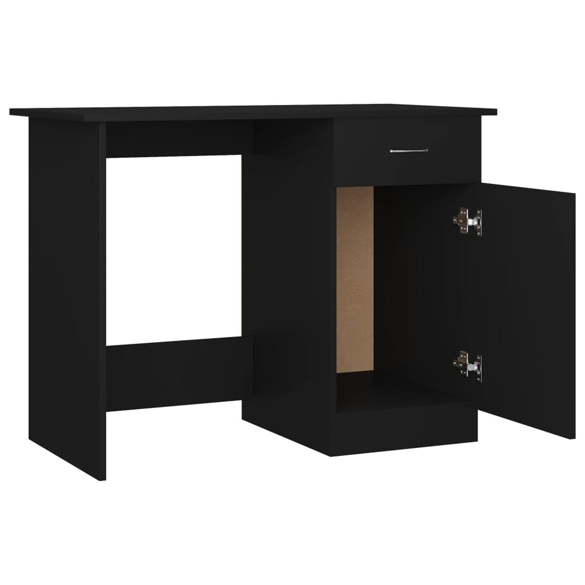 Ein schwarzer Schreibtisch mit offenem Schrank und Schublade, vor weißem Hintergrund.