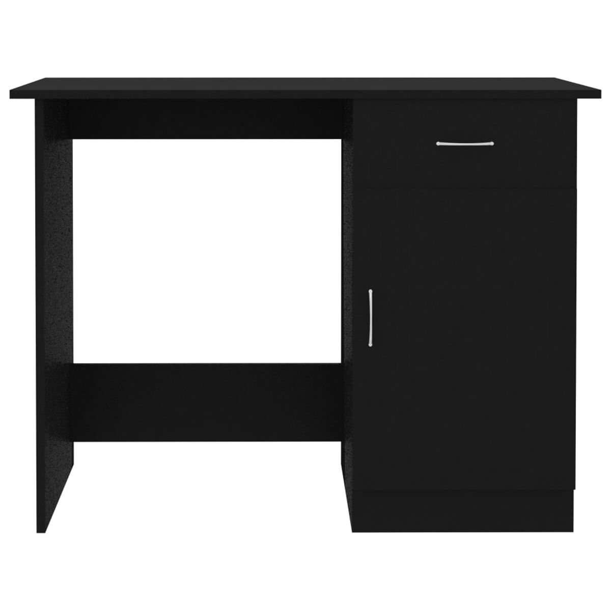 Schwarzer Schreibtisch mit Schublade und Tür.
