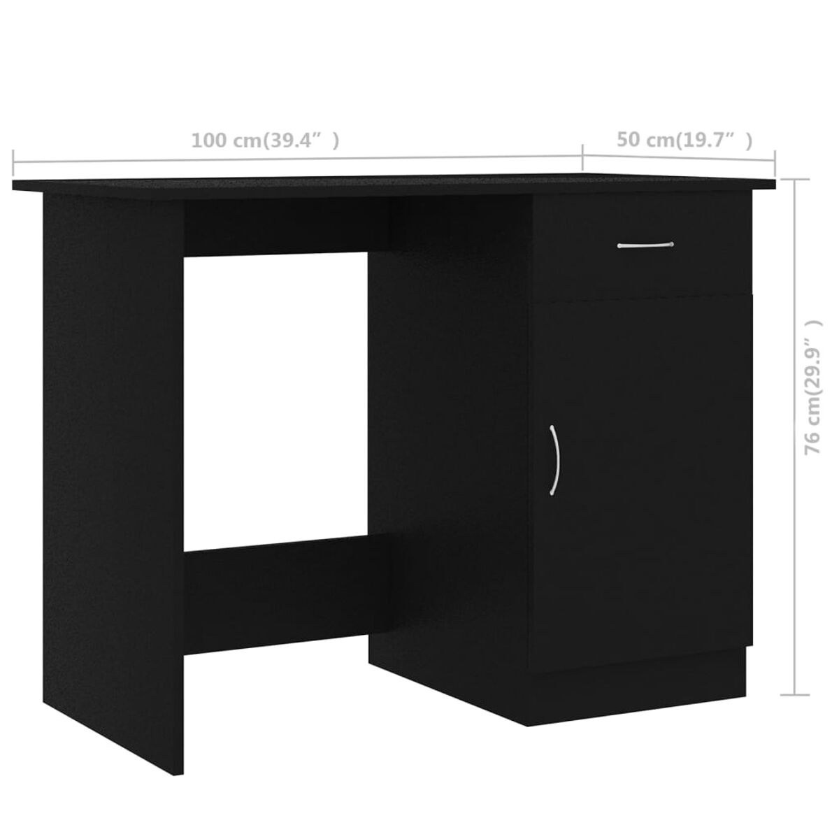 Schwarzer Schreibtisch mit Schrank und Schublade rechts. Abmessungen werden gezeigt.