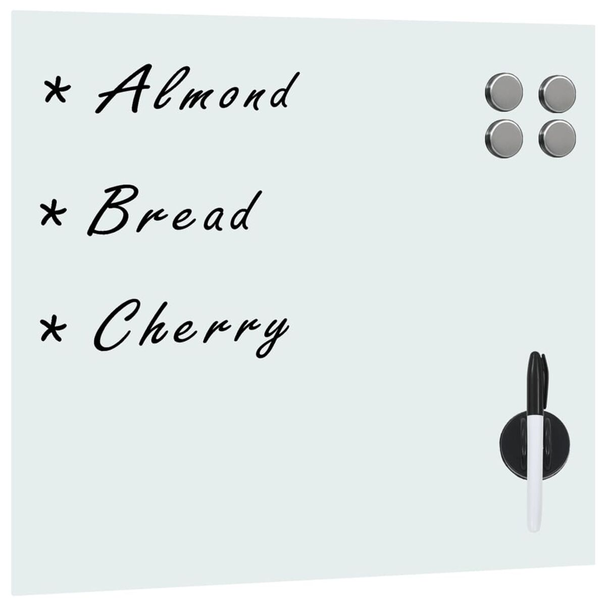 Whiteboard mit Text: Almond, Bread, Cherry. Inklusive Magnete und Marker. Weißer Hintergrund.