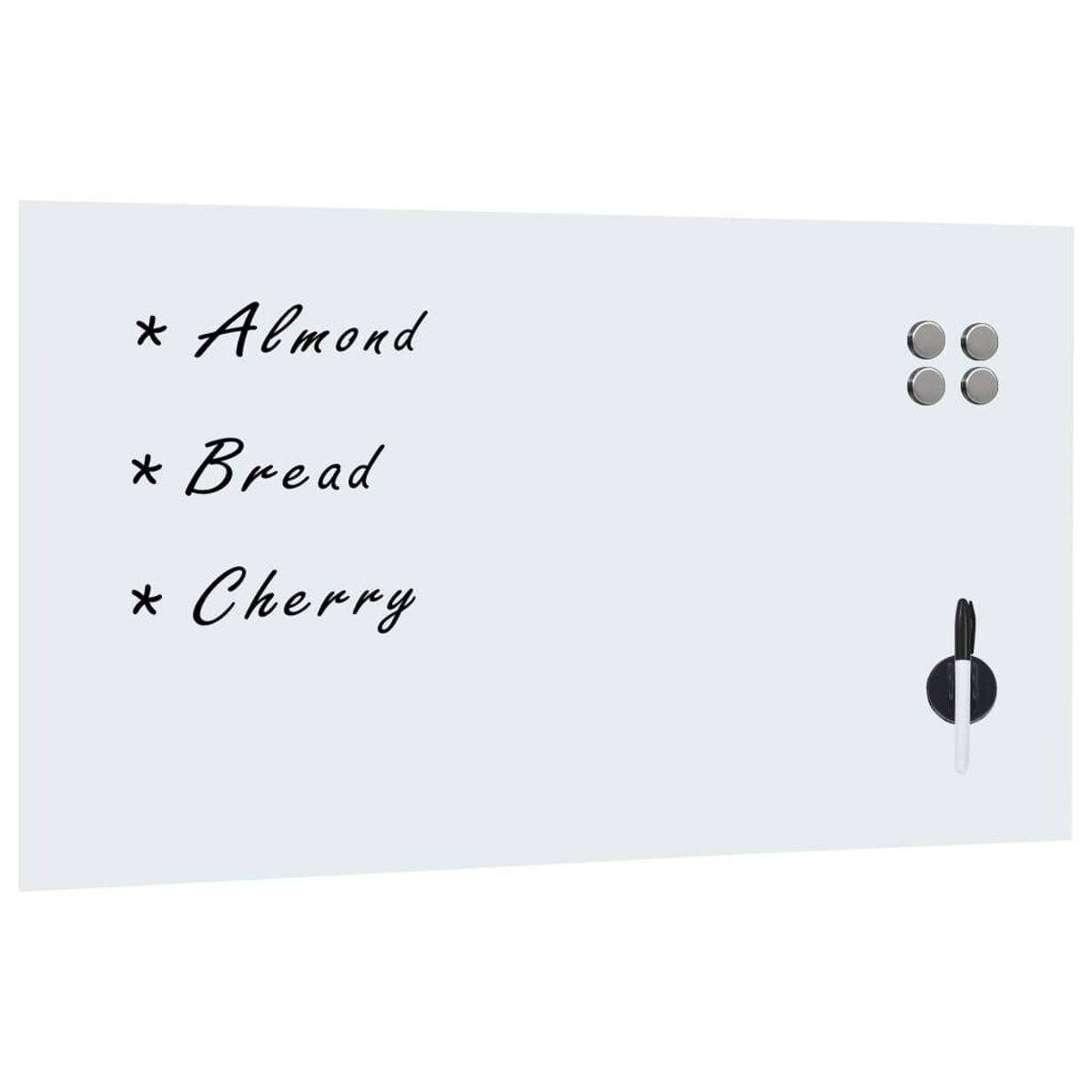 Weiße Whiteboard mit Einkaufsliste. Schwarzer Marker und Magnete sind enthalten.