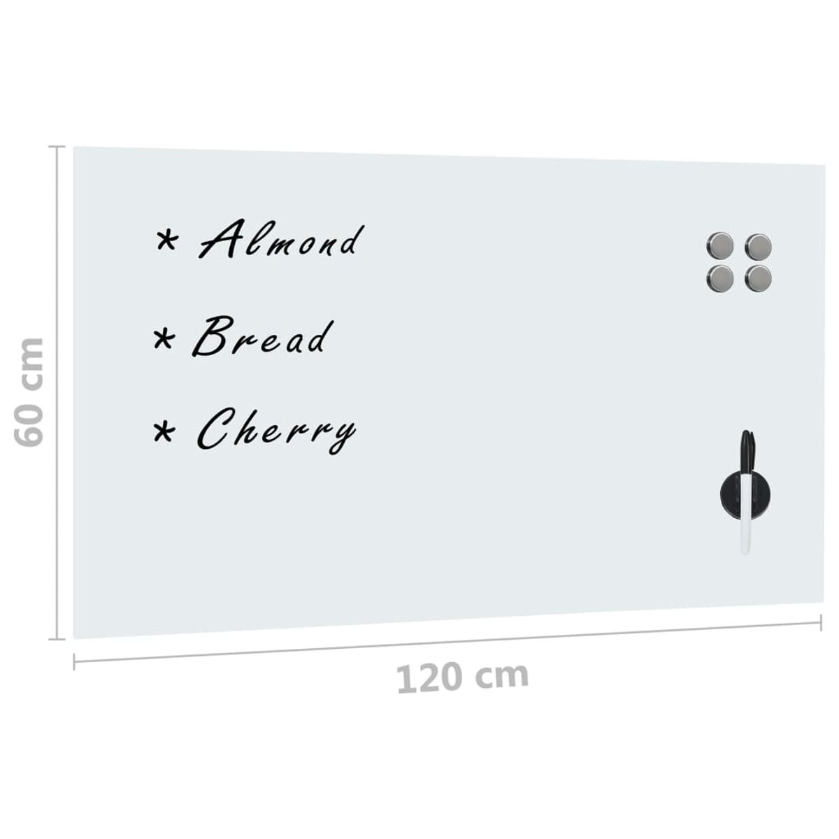 Eine weiße Tafel mit Text: Almond, Bread, Cherry und anderen Schreibwerkzeugen. Abmessungen werden angezeigt.