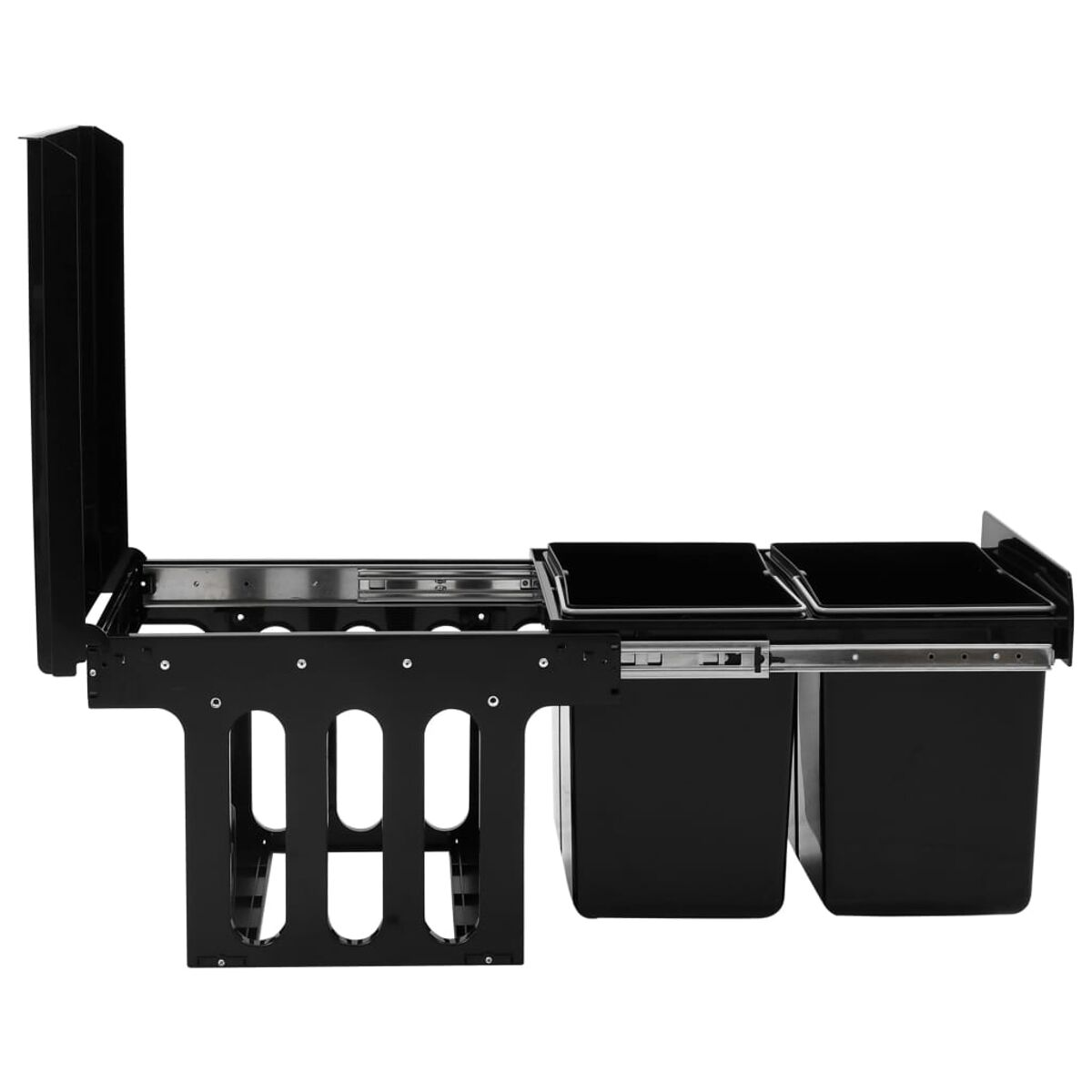 Ausziehbare schwarze Mülleimer mit Staufächern. Weißer Hintergrund.