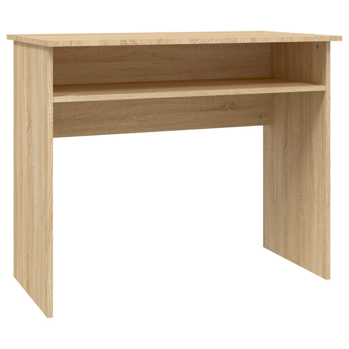Ein hellfarbener Holzschreibtisch mit einem Regal. Es hat ein minimalistisches Design.