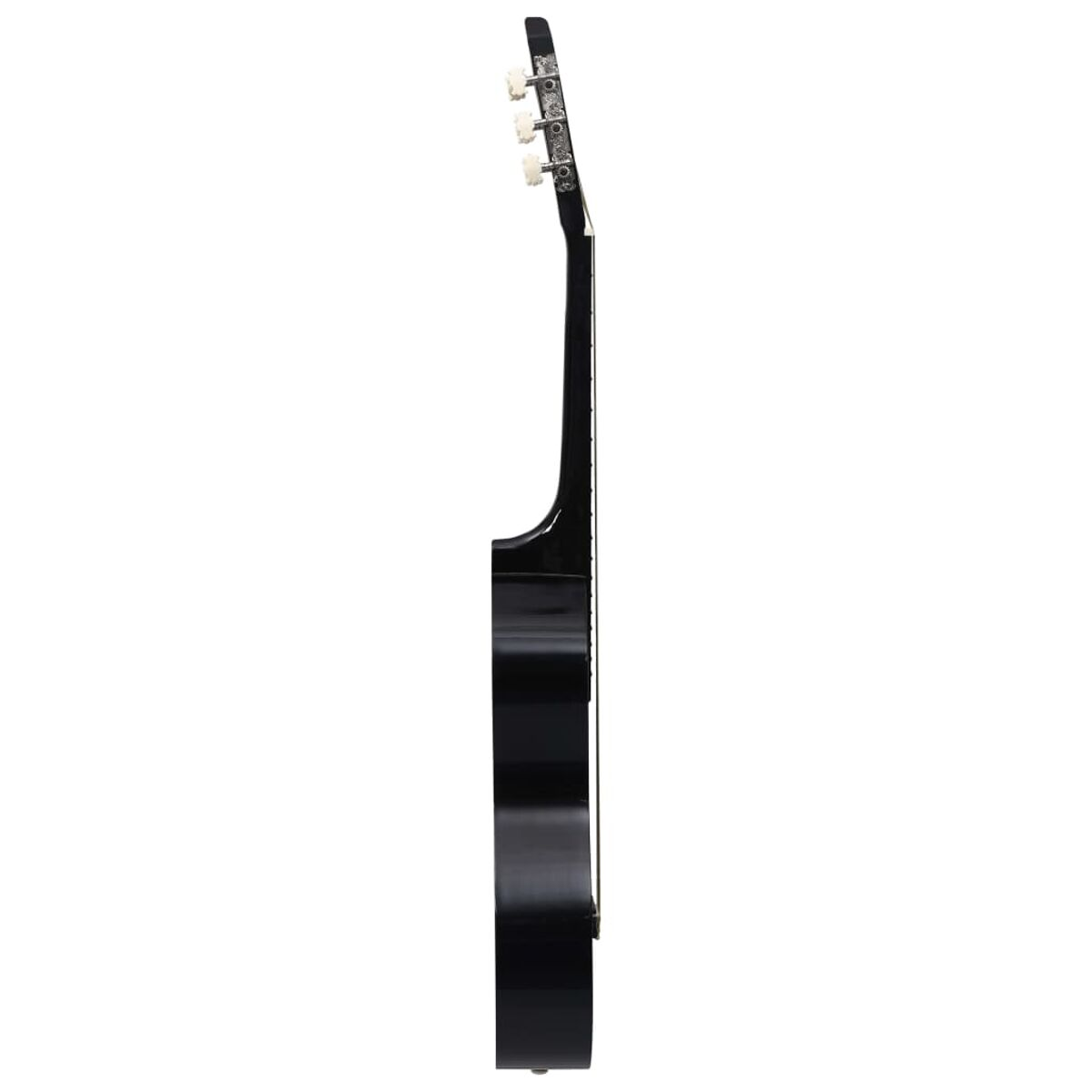 Seitenansicht einer schwarzen Gitarre mit weißen Stimmwirbeln, die Hals und Korpus zeigt.