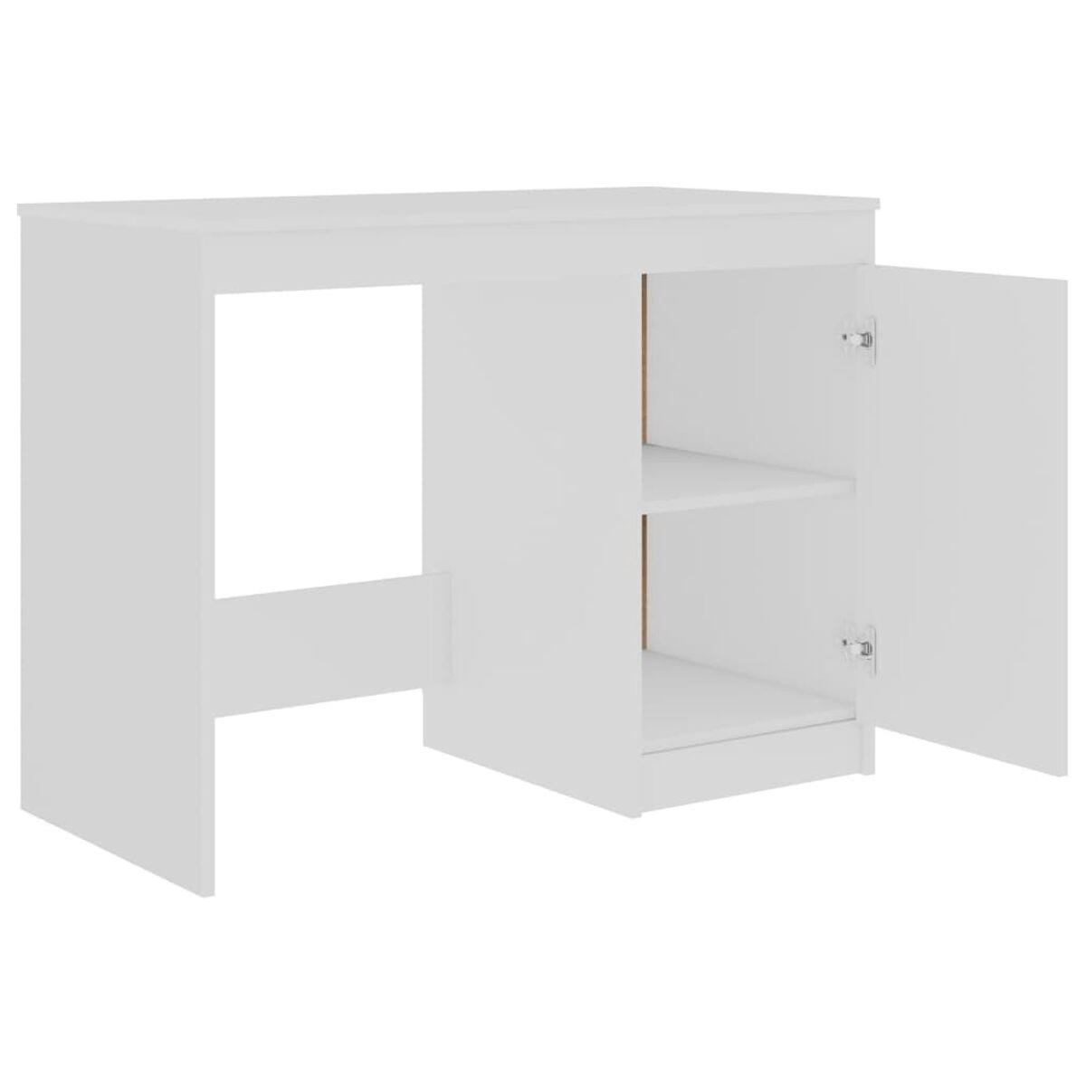 Weißer Schreibtisch mit offenem Schrank, der Regale zeigt. Isoliert auf weißem Hintergrund.