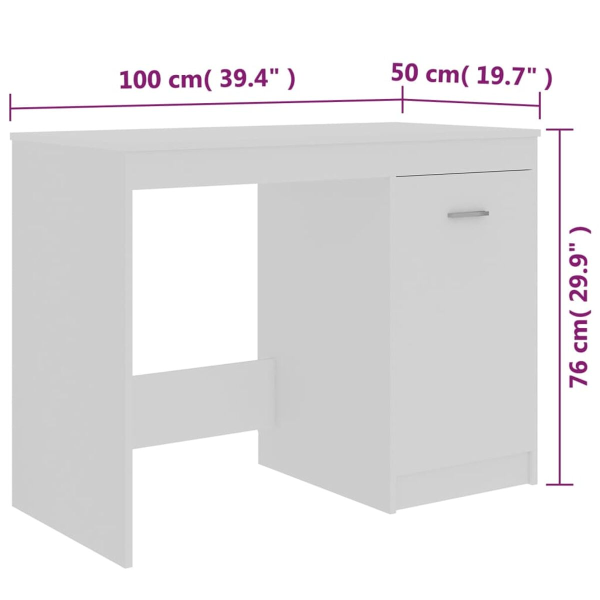 Weißer Schreibtisch mit Tür. Abmessungen sind angegeben. Einfaches Design, weißer Hintergrund.