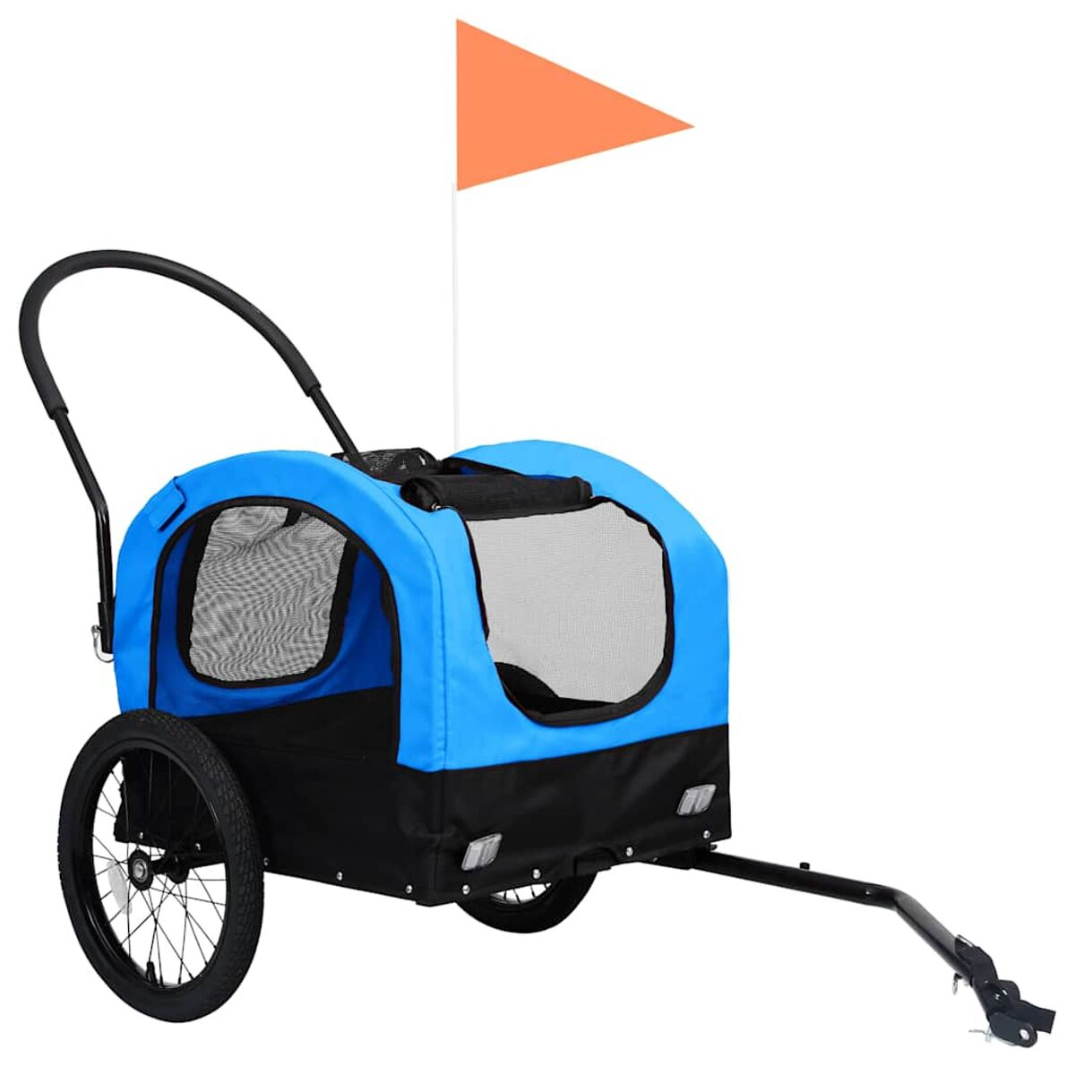 Ein blauer Haustieranhänger mit schwarzen Akzenten und einer orangefarbenen Fahne. Er hat zwei Räder.