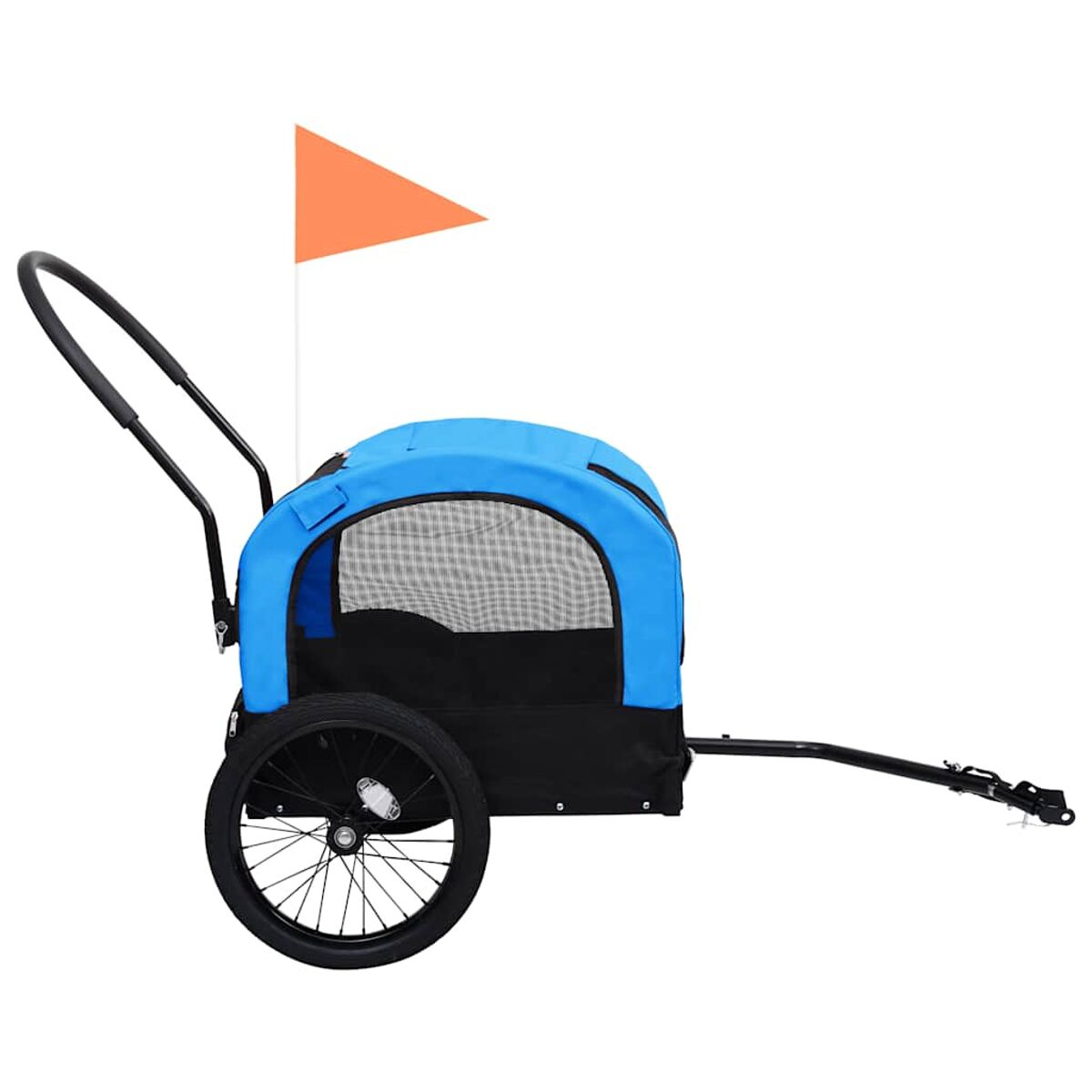 Ein blau-schwarzer Haustieranhänger mit Fahne. Er hat ein schwarzes Rad und einen Griff.