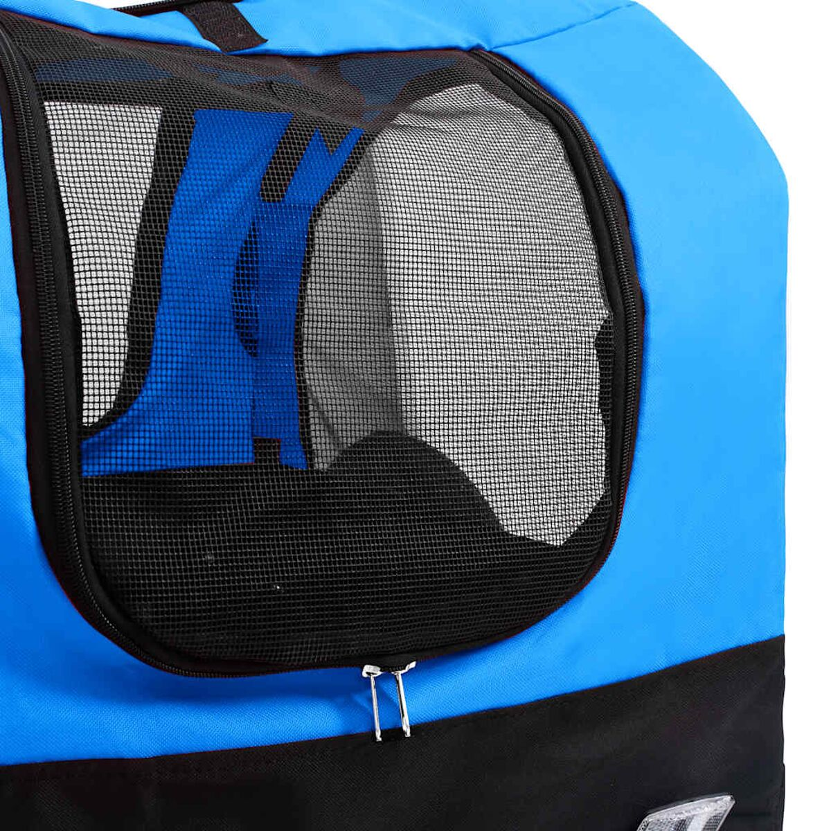 Blau-schwarze Haustiertasche mit Netzfenster und Reißverschluss.