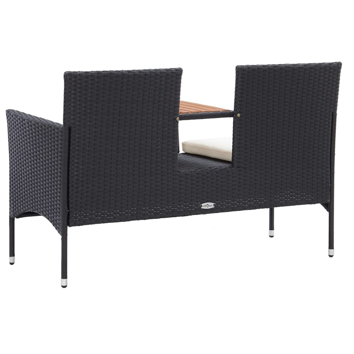 Schwarzer Korbstuhl mit Tisch. Weißes Kissen.