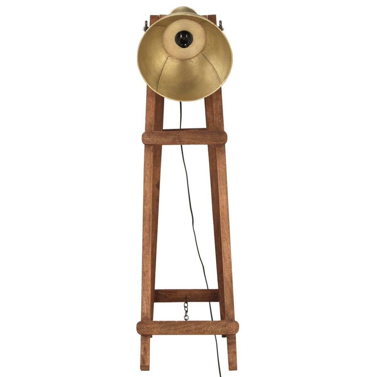 Holz-Staffelei-Stehleuchte mit goldfarbenem Lampenschirm. Es hat ein schwarzes Kabel.