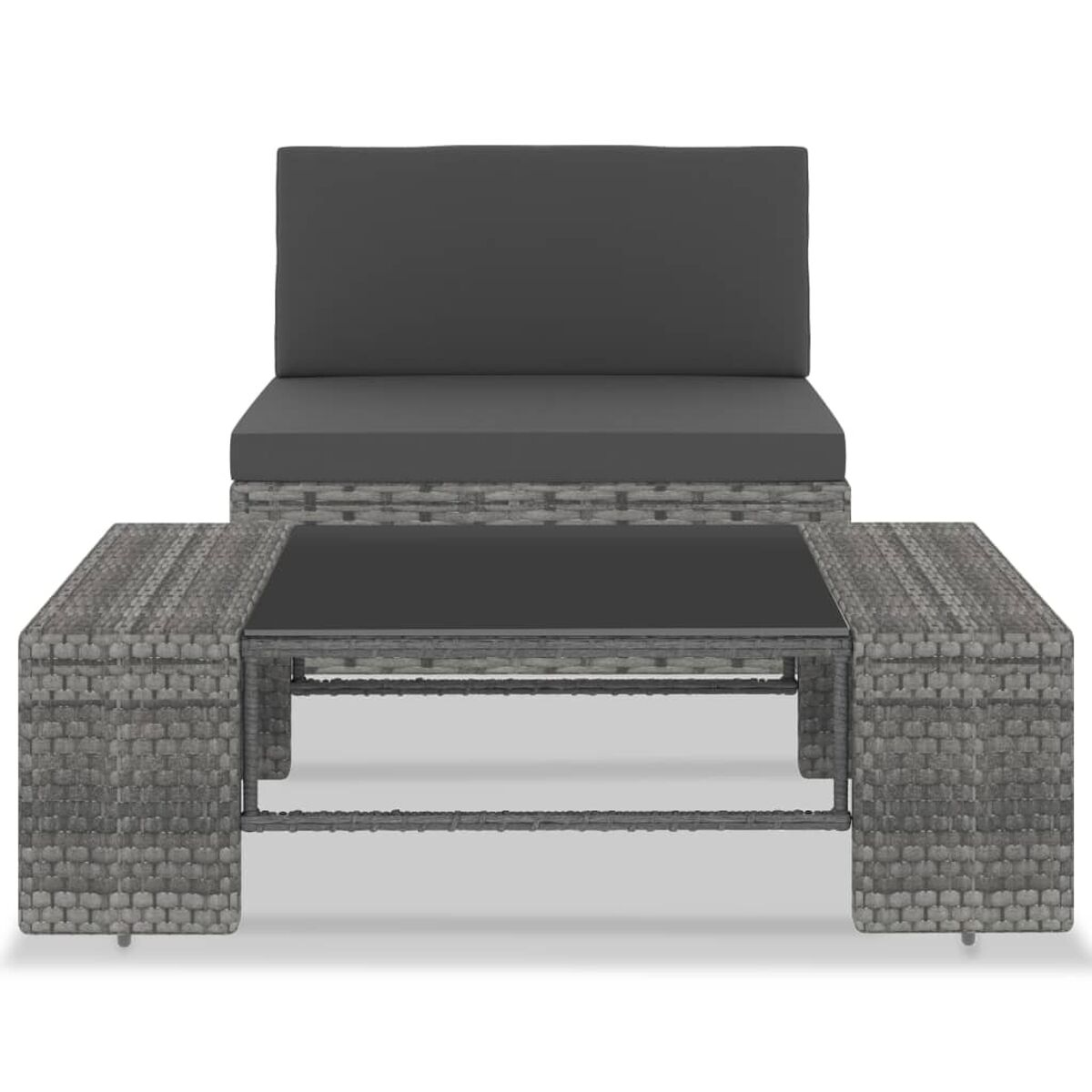 Graues Korbmöbel-Set für die Terrasse mit Tisch und Einzelsofa.