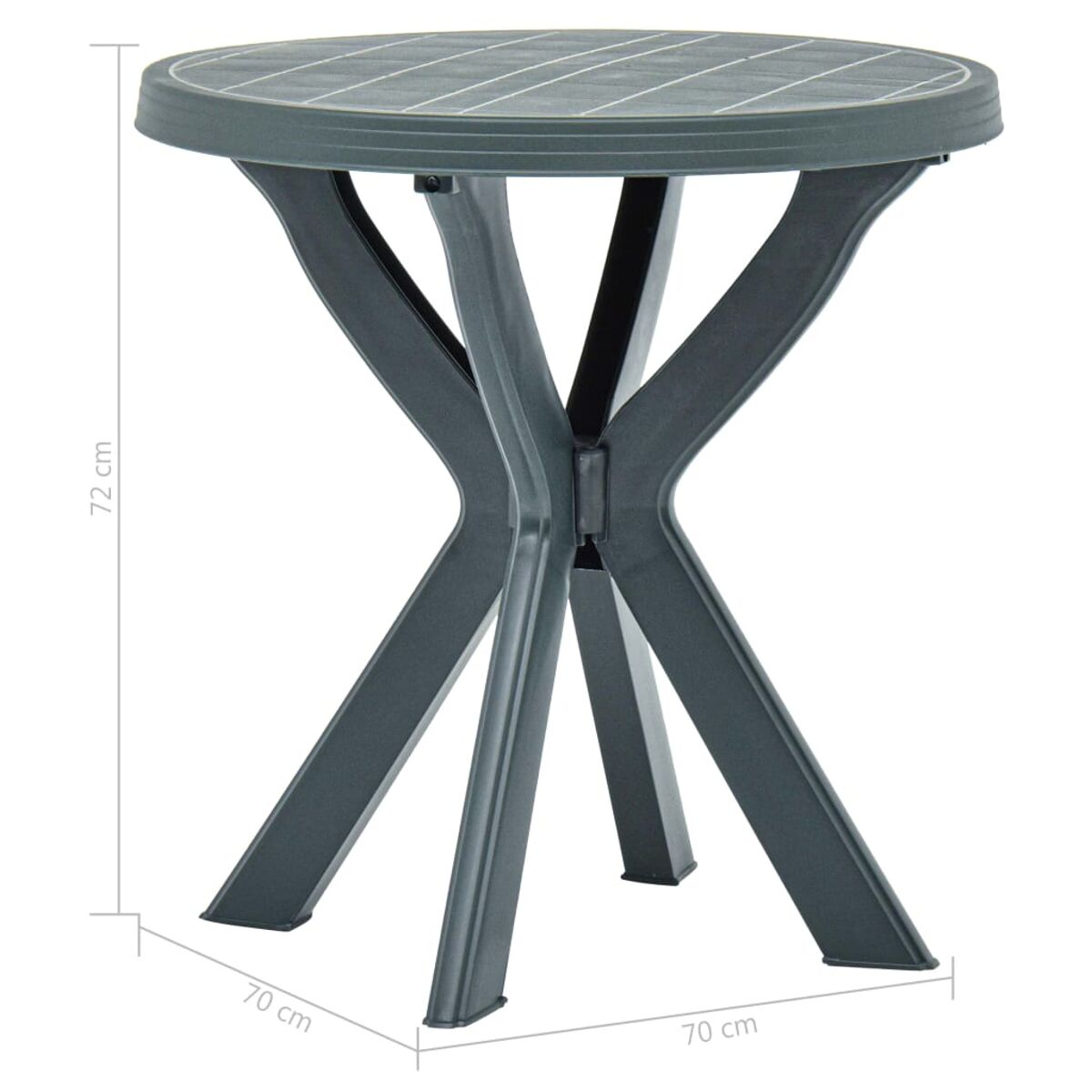 Runder, dunkelgrauer Tisch mit X-förmigem Untergestell. Weißer Hintergrund.