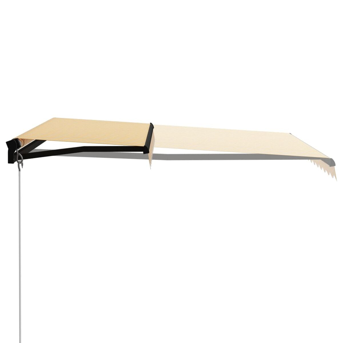 Eine Außenmarkise, beige, an einer Wand montiert, vor weißem Hintergrund.