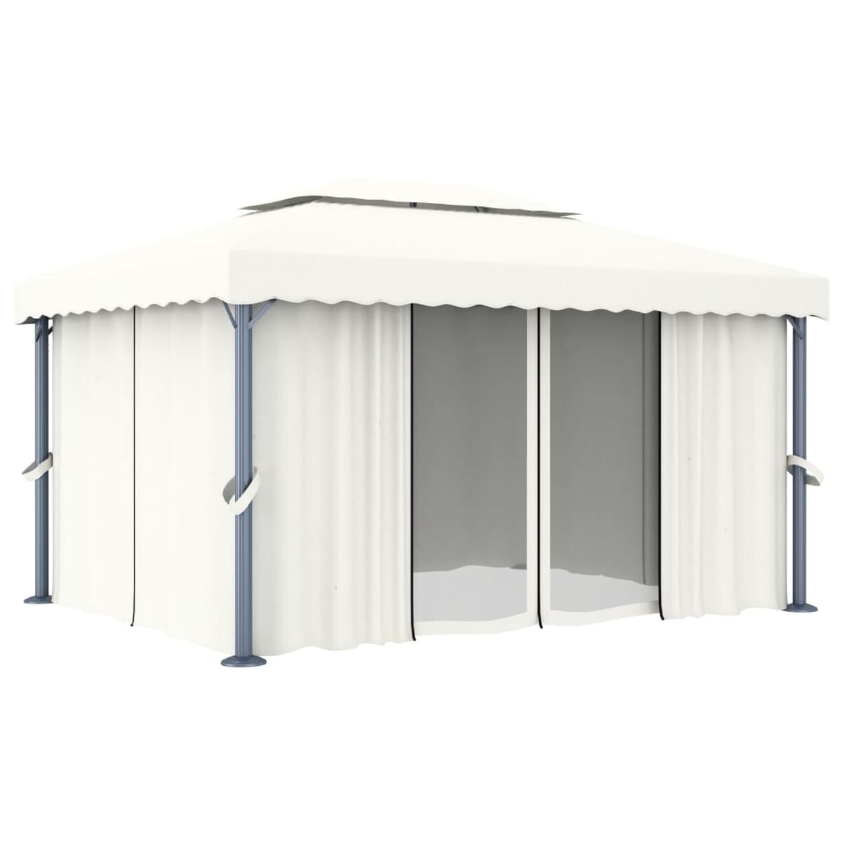 Weißer Pavillon mit Vorhängen. Es hat eine quadratische Form mit einem Doppeldach und Metallstangen.