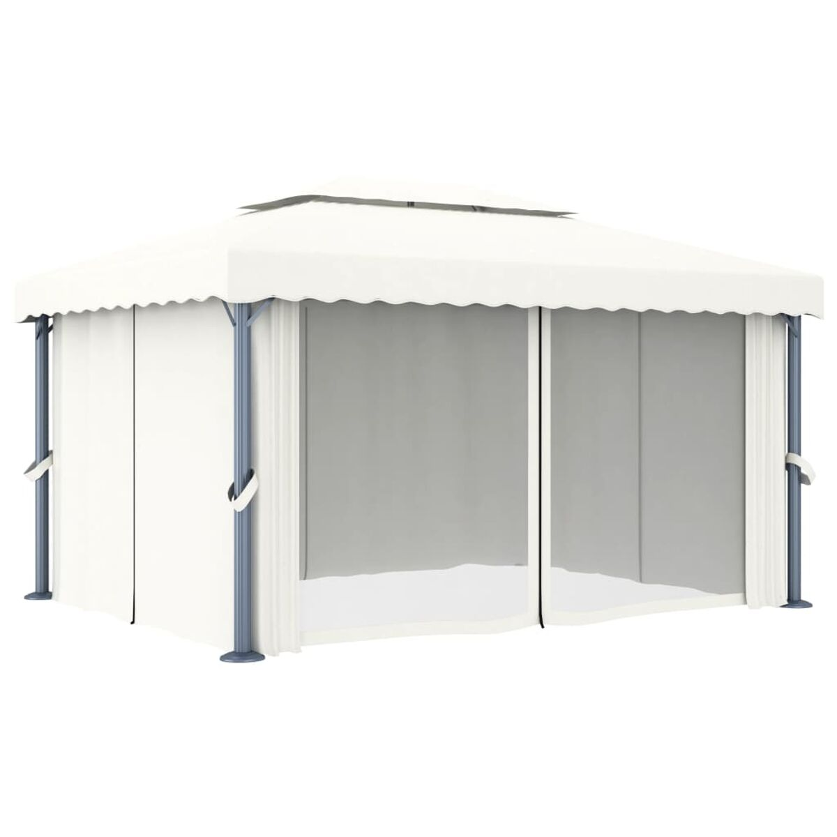Ein weißer Pavillon mit weißen Vorhängen und grauen Pfosten. Er hat ein Spitzdach. Die Vorhänge sind offen.
