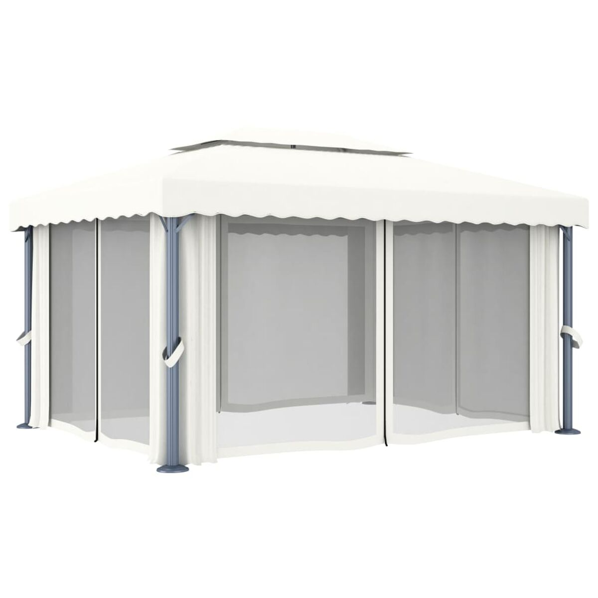 Weißer Pavillon mit Vorhängen. Es hat ein weißes Dach, Vorhänge und graue Stützbalken.