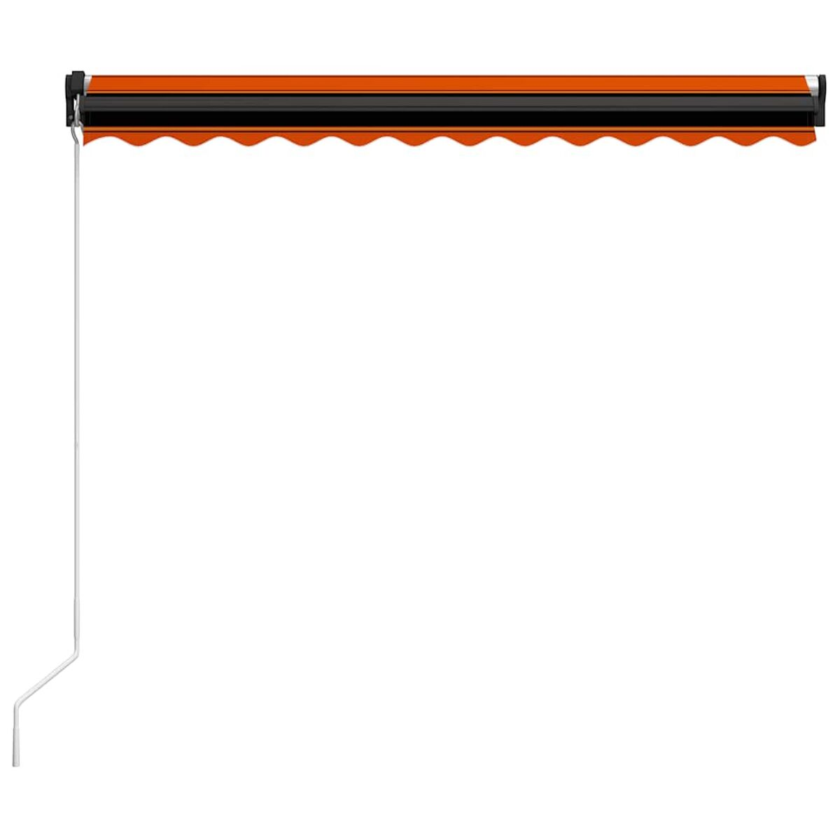 Eine orange und schwarz gestreifte Markise. Ein weißer Arm erstreckt sich links nach unten.
