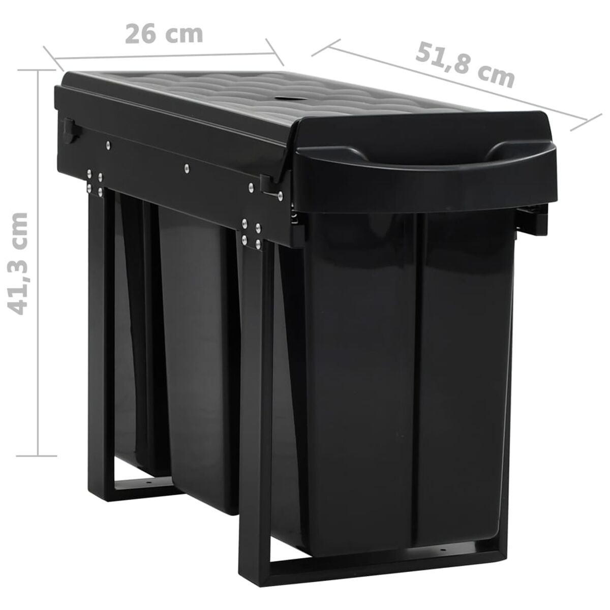 Schwarze Outdoor-Doppel-Mülltonne mit Abmessungen. Zwei Behälter, schwarz, mit Deckel und Griff.