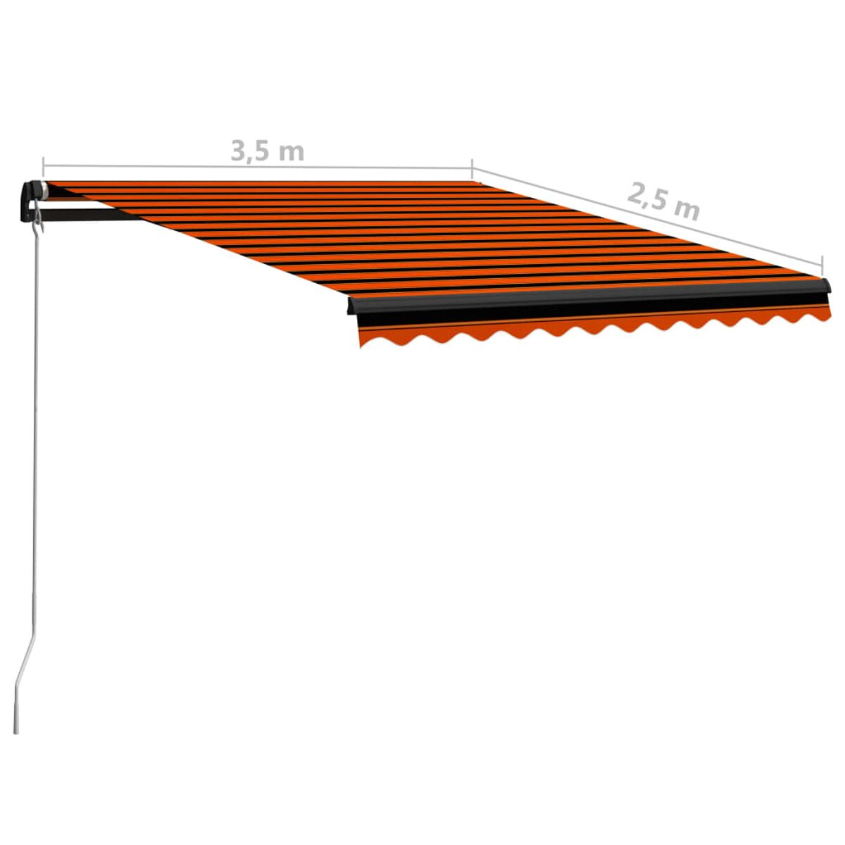Eine orange-schwarz gestreifte Markise mit den Maßen 3,5 x 2,5 Meter, an einer Wand befestigt.