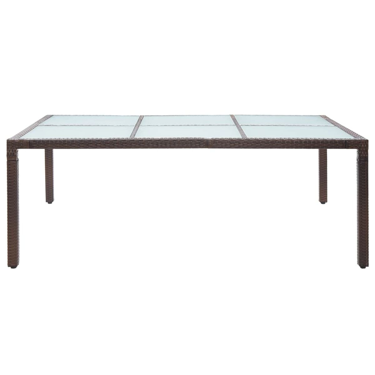 Brauner Tisch mit Glasplatte. Rechteckige Form, Korbflechtrahmen. Vier Beine.