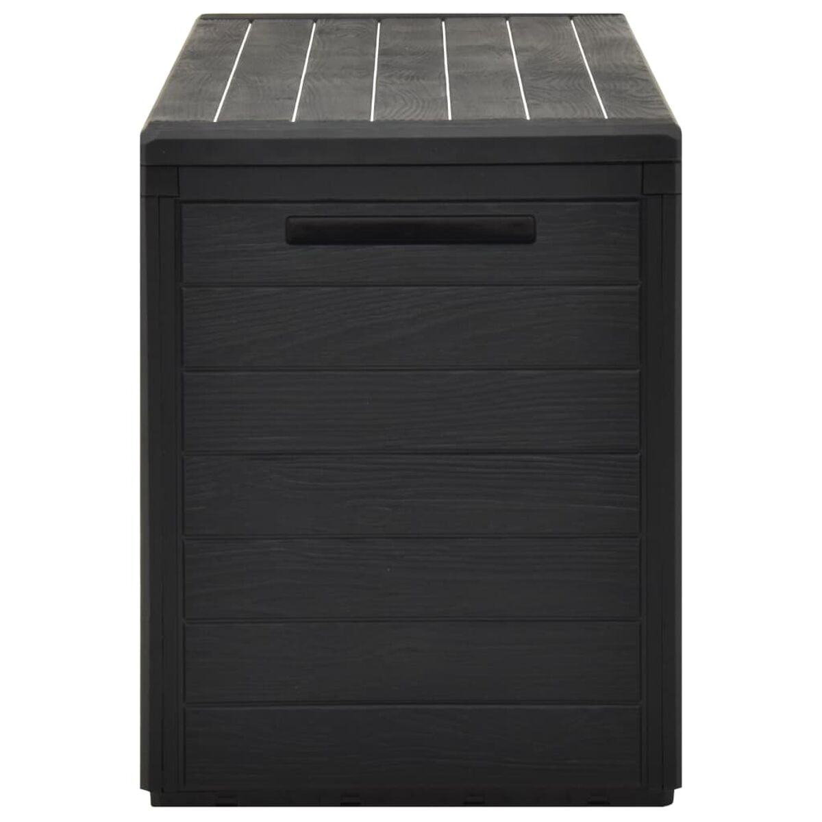 Eine schwarze Outdoor-Aufbewahrungsbox mit horizontalen Brettern und einem Griff vorne.