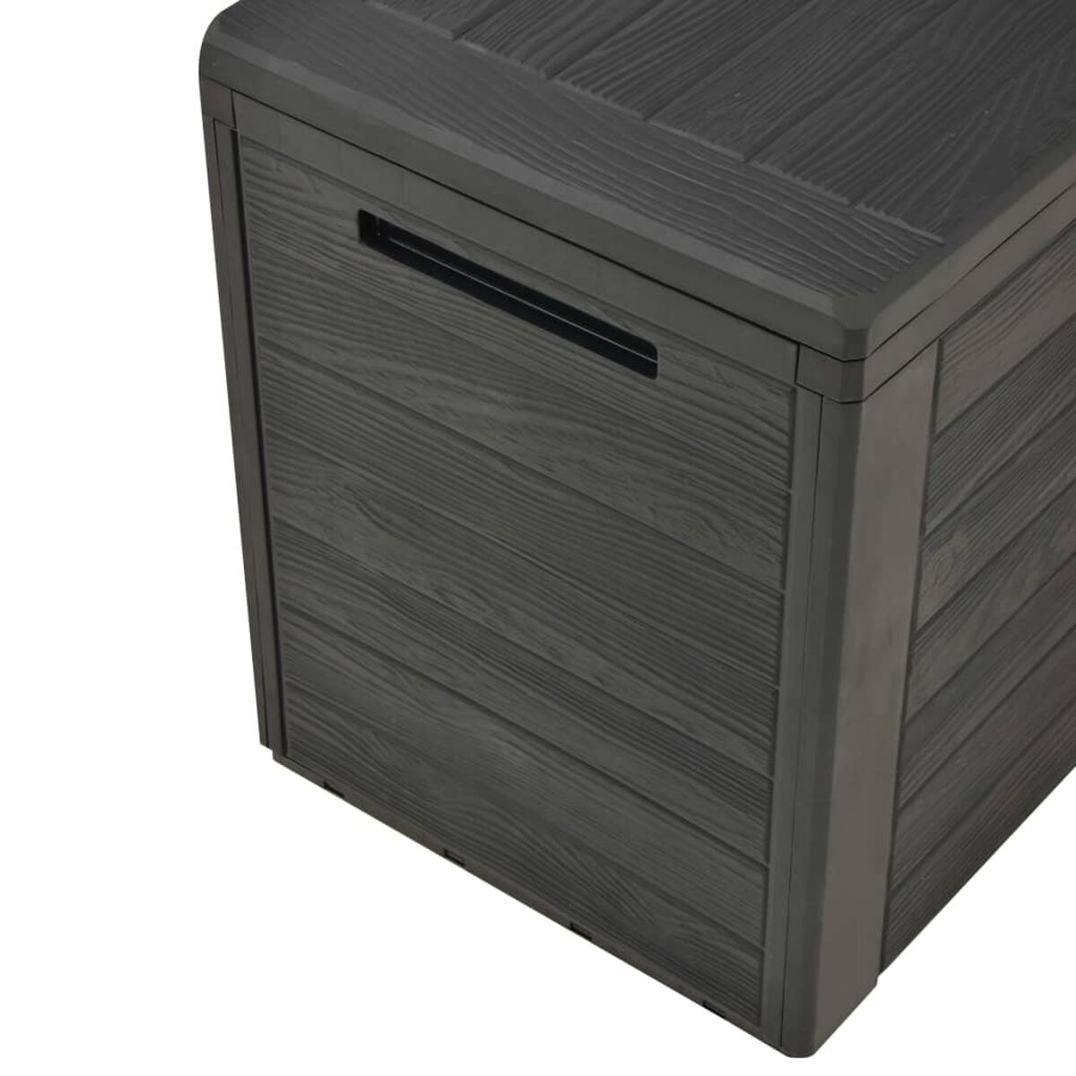 Eine dunkelgraue Aufbewahrungsbox mit strukturierter Holzoptik. Seitenhenkel und Deckel sichtbar.