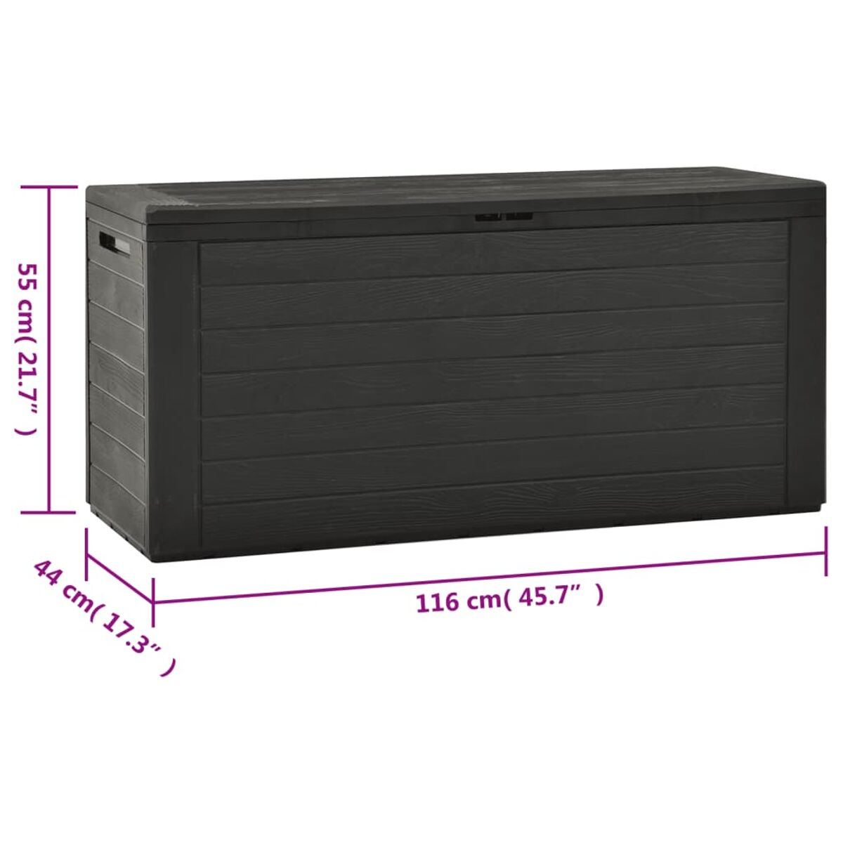 Dunkelgraue Aufbewahrungsbox mit Maßen, vor weißem Hintergrund.