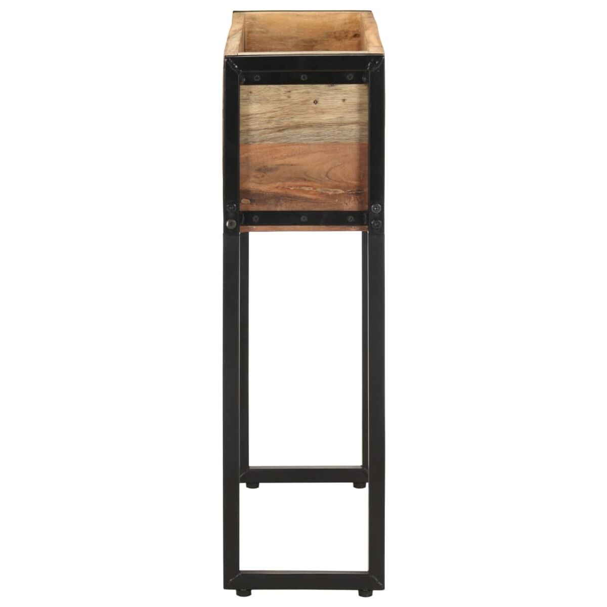Hoher Holzpflanzer mit Metallrahmen. Das Holz hat eine natürliche Farbe.