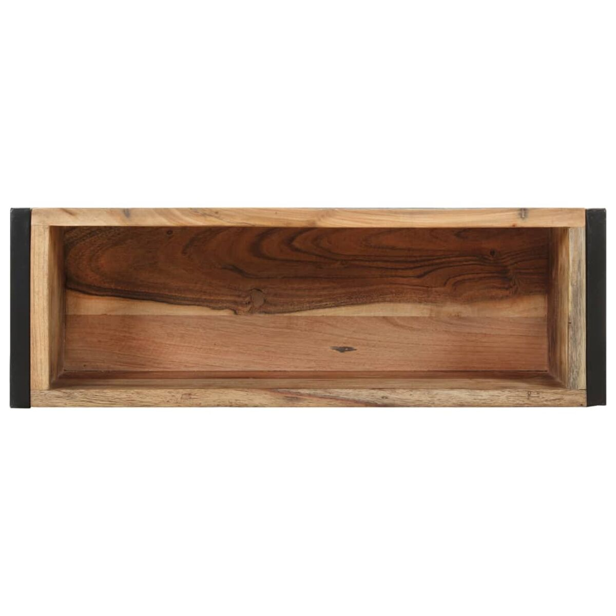 Rechteckiges Holzregal mit dunklem Holzinnenraum und schwarzen Metallseiten.