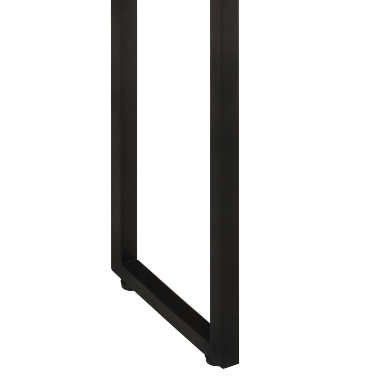 Nahaufnahme eines schwarzen, quadratischen Metall-Tischbeins auf weißer Oberfläche. Schatten sichtbar.