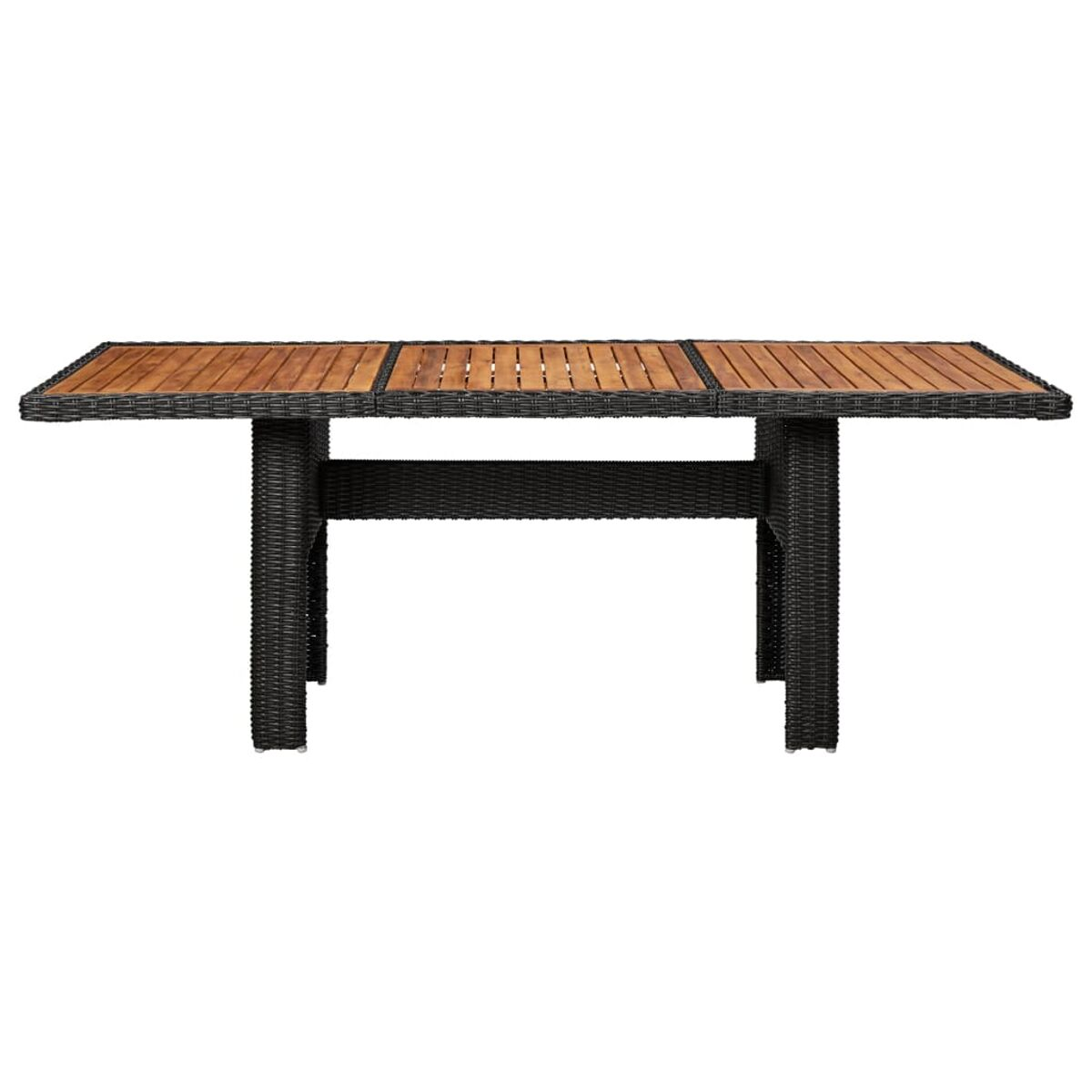 Ein braun-schwarzer Gartentisch mit Holzplatte und gewebten Beinen. Auf weißem Hintergrund.