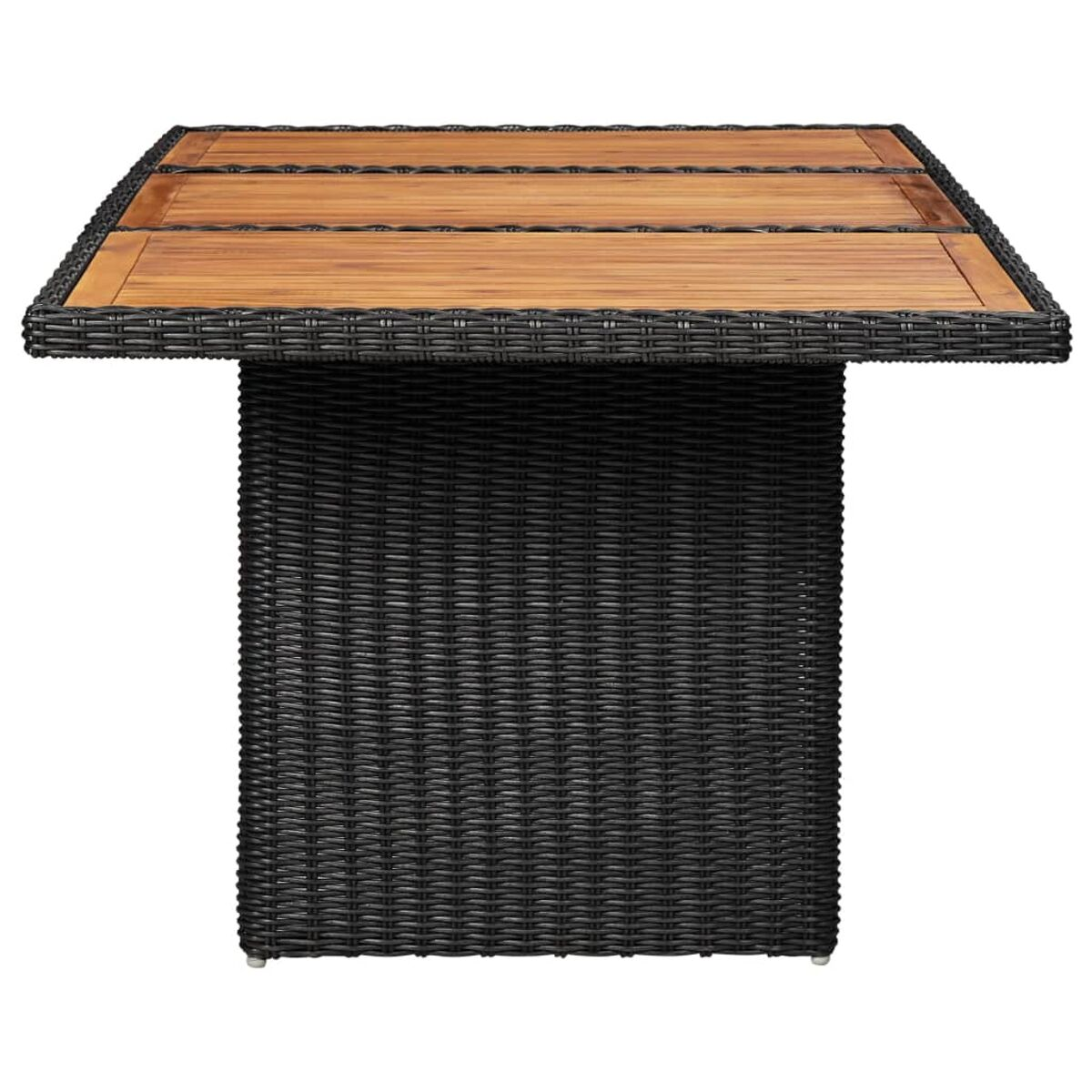 Ein quadratischer Tisch mit einem Korbfuß und einer Holzplatte. Die Platte ist dreigeteilt.