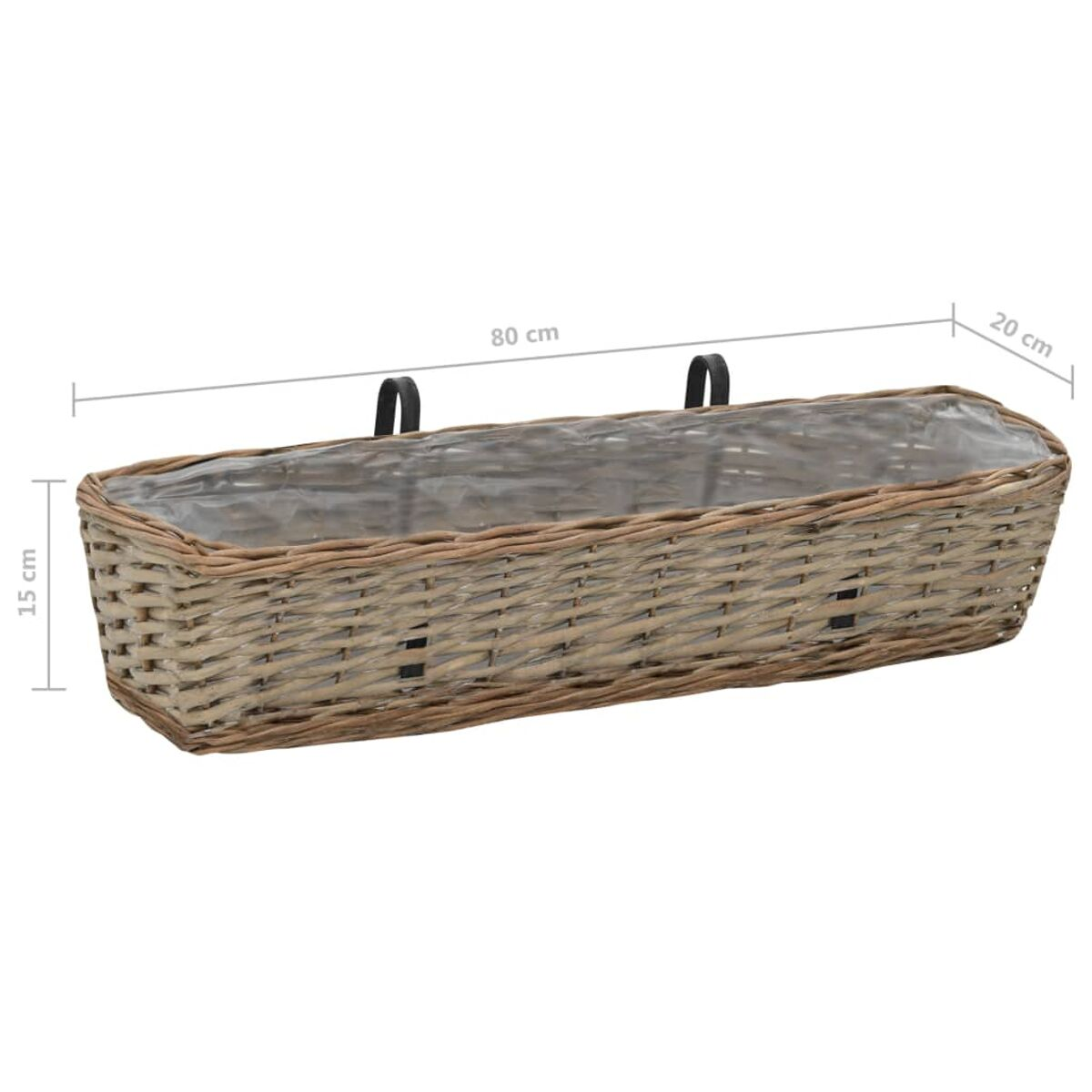 Weidenkorb für Pflanzen. Rechteckige Form, mit den Maßen: 80x20x15 cm. Schwarze Griffe zum Aufhängen.