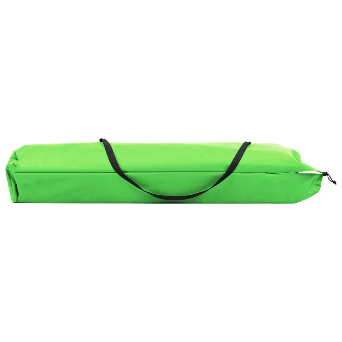 Grüne gefaltete Tasche. Schwarzer Riemen. Seitenansicht. Für Gartenmöbel.