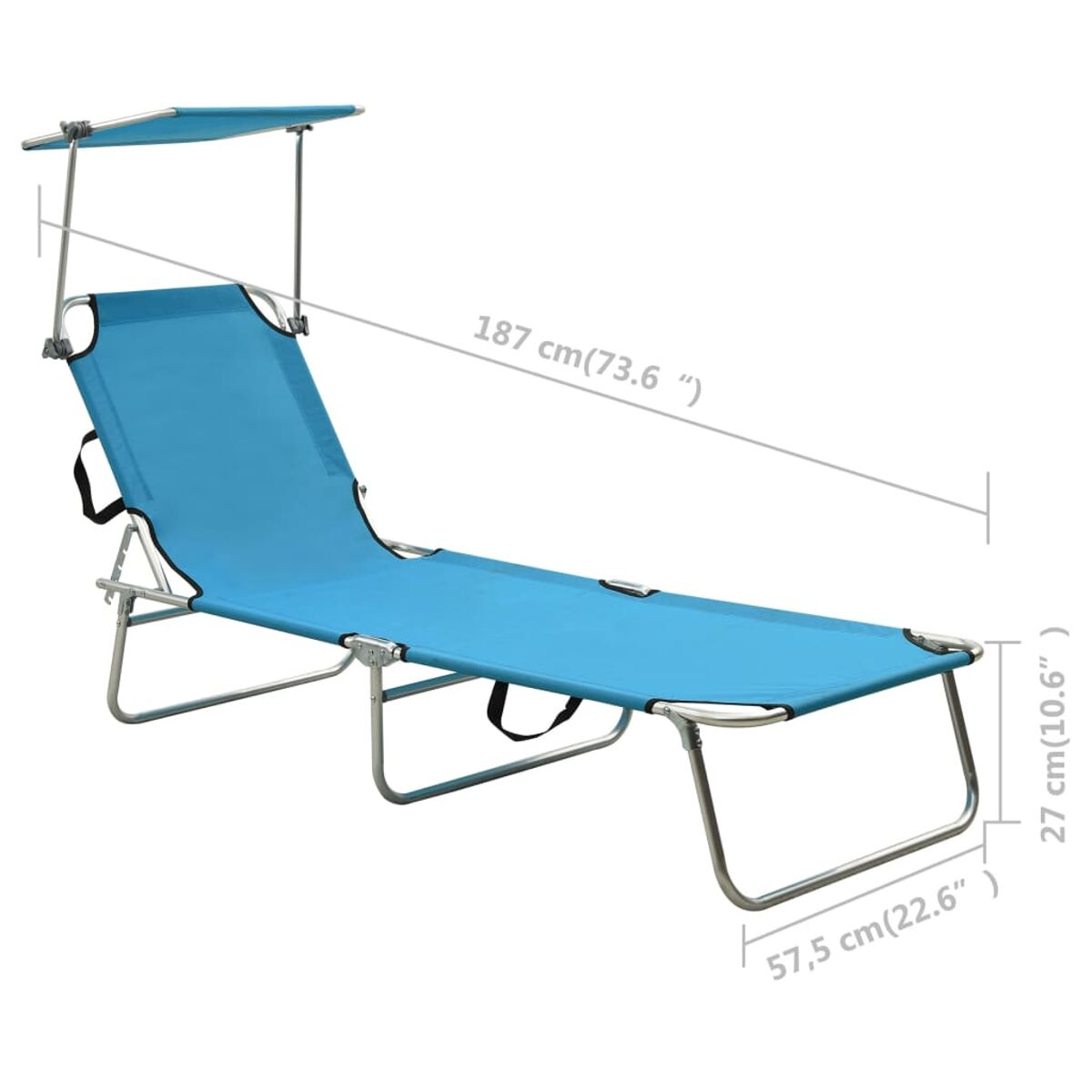 Ein blauer Strandstuhl mit Sonnenschutz, Maße auf dem Bild.